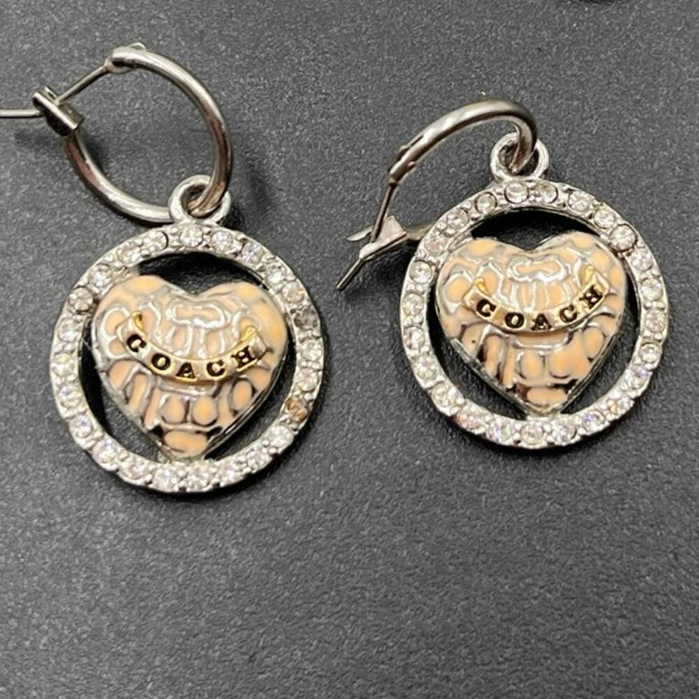Coach Cream Enamel Logo‎ C’s Branded Heart Small Hoop Dangle Earrings